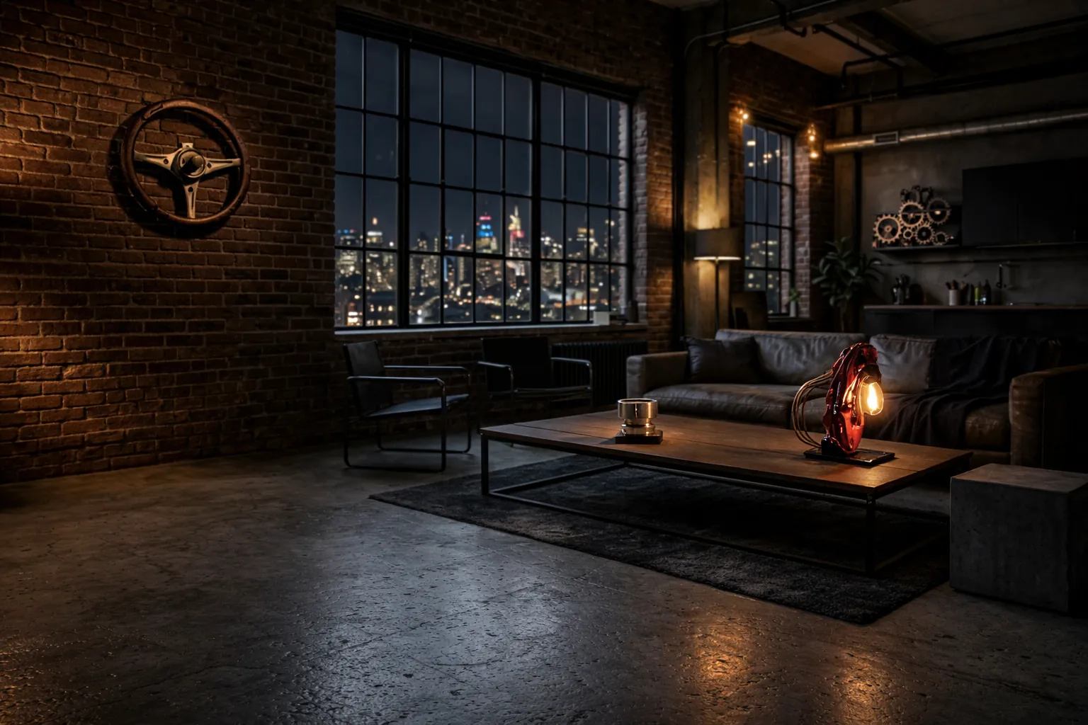 Industrial loft interior with automotive decor